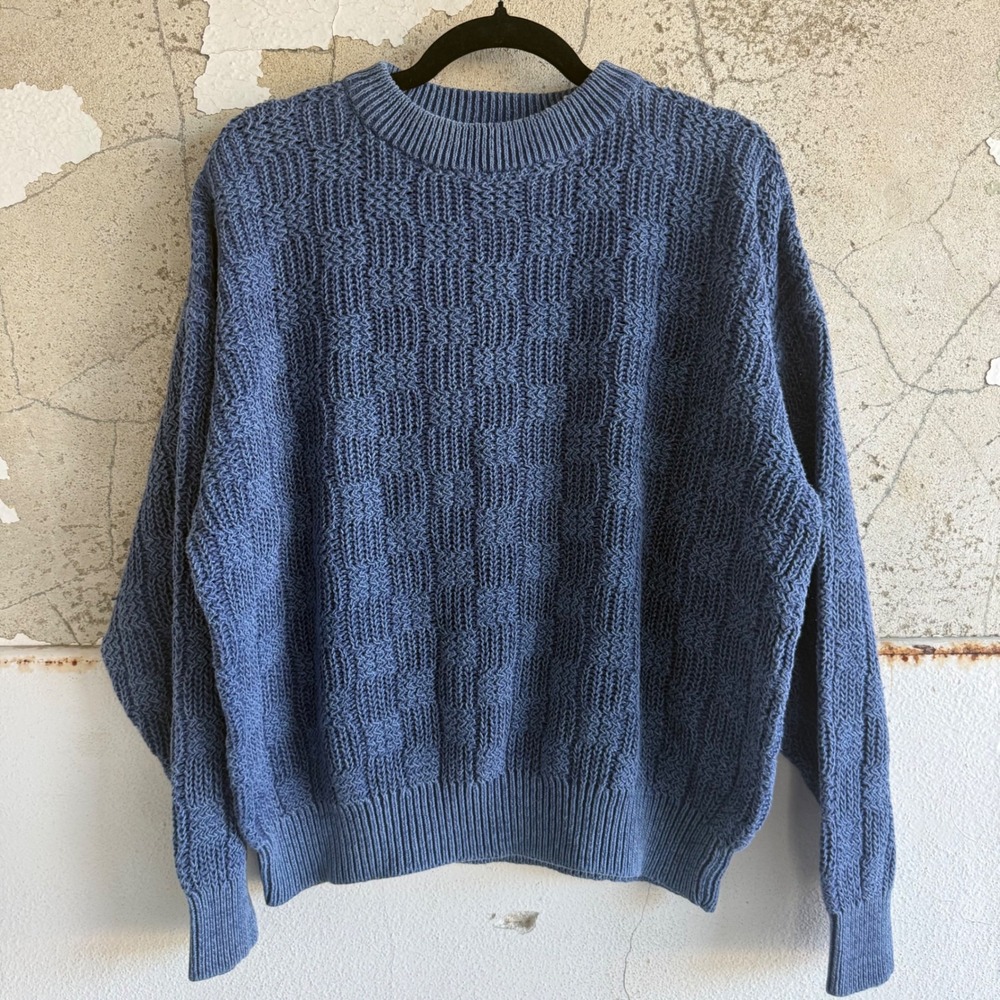Vintage 90s Chunky Knit Sweater Textured Basketweave Blue Oversized Slouchy L